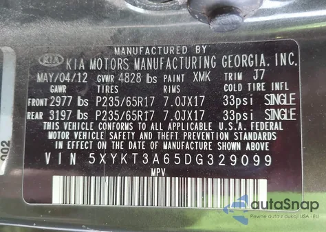 2013 Kia Sorento Lx из США, поврежденный, VIN 5XYKT3A65DG329099